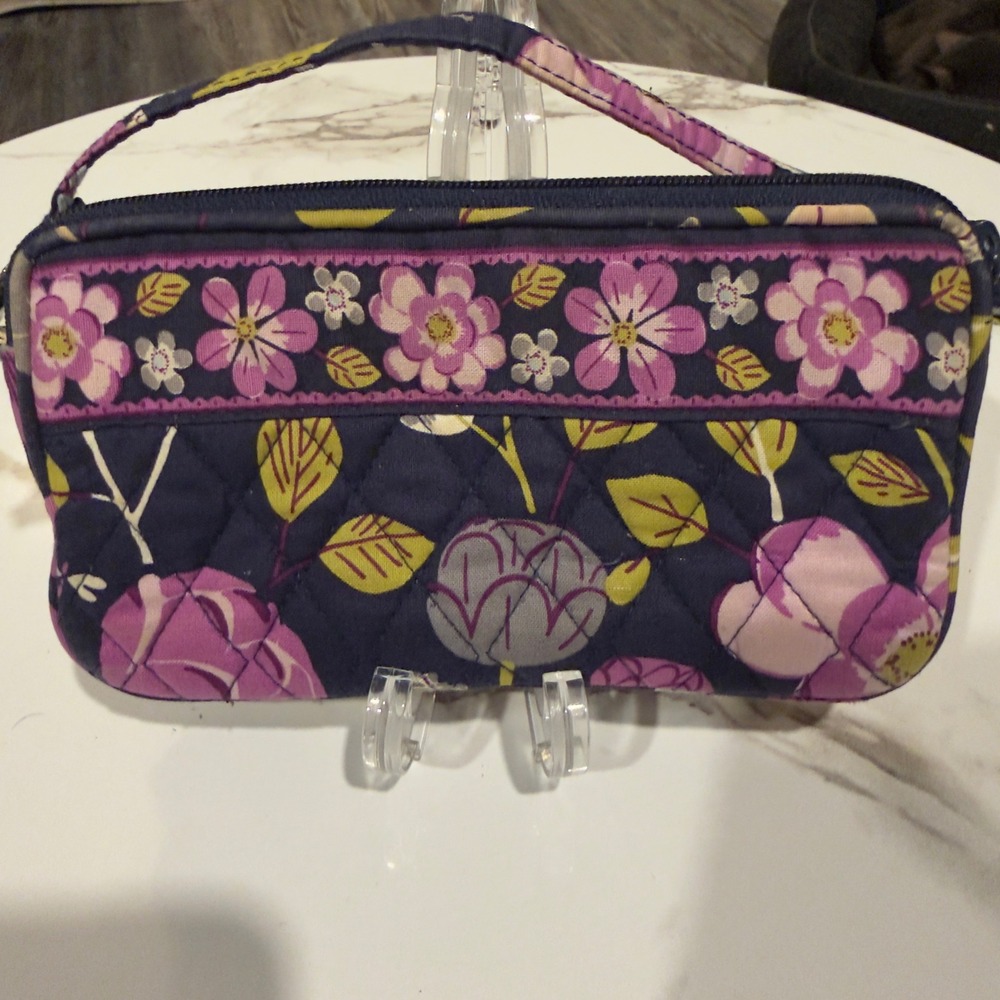 Vera Bradley Navy Blue Floral Quilted Cotton Wristlet Wallet Zip Clutch